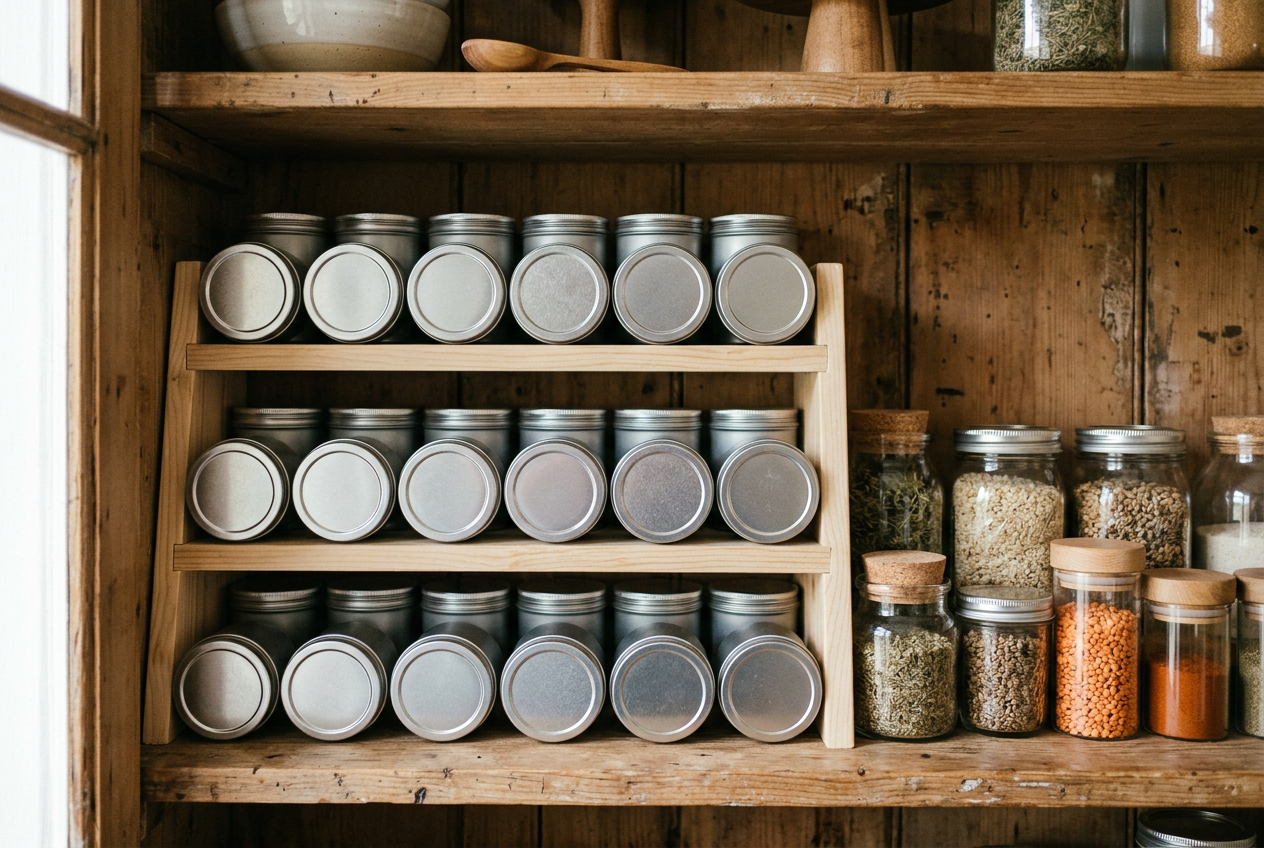 Tier the tins and jars so every label faces out