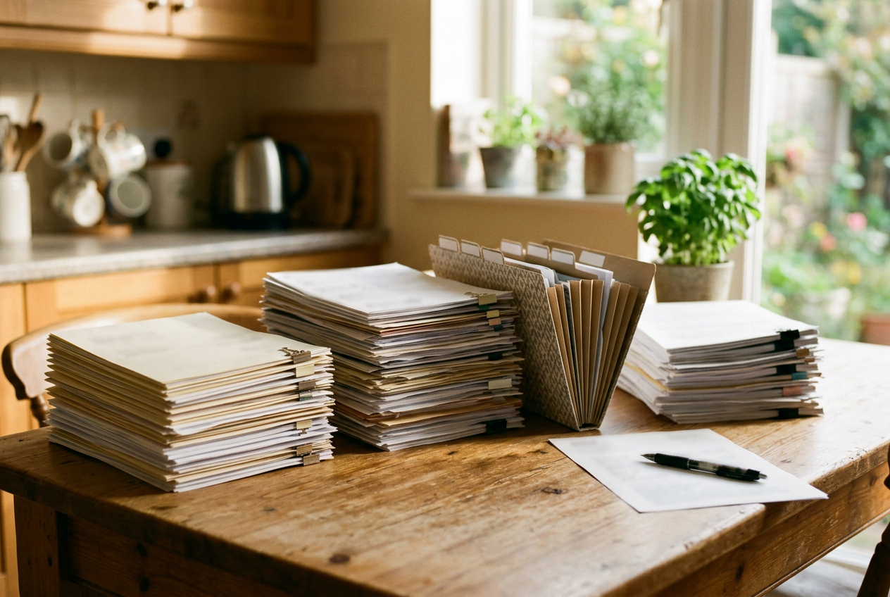 Sorted stacks of household paperwork and a concertina file on a table