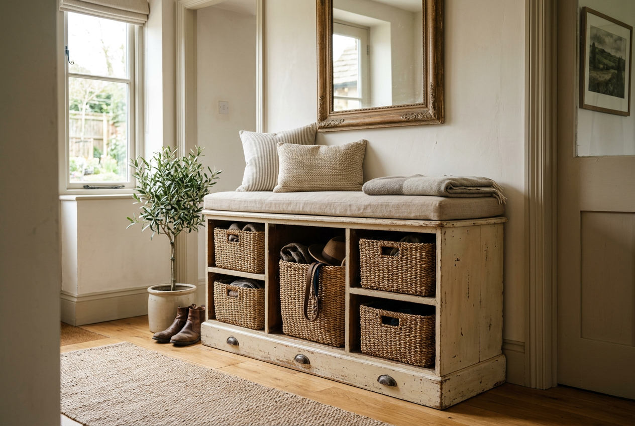 Broken furniture as a hallway bench, a planter or a desk